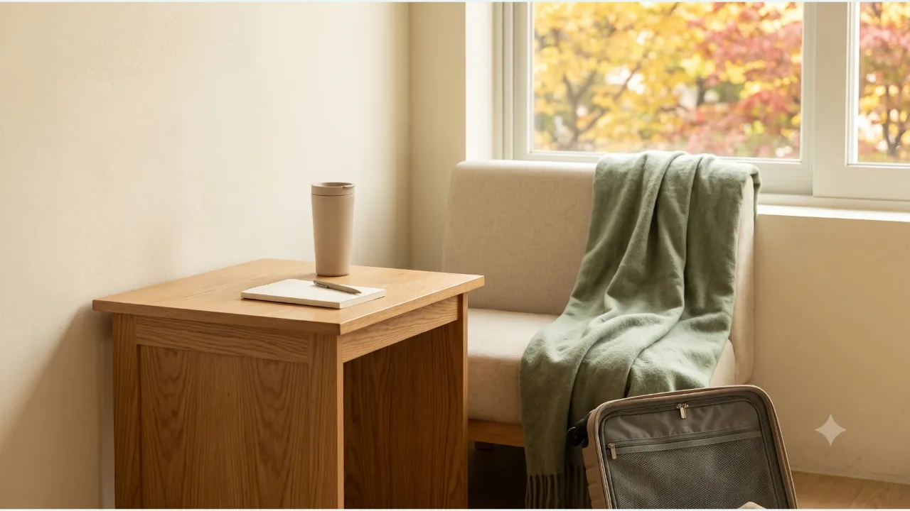 An oak table and a plain tumbler, a notebook, and a travel bag indoors, with autumn trees visible outside the window