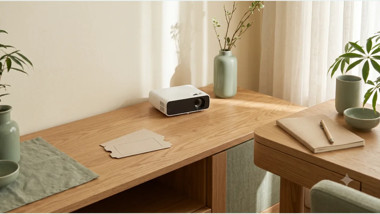 A switched-off projector and a blank ticket-shaped card on oak furniture in a small living room, with a closed travel notebook