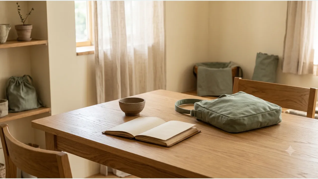 A small clay bowl, an open blank notebook, and a sage-colored bag on an oak table