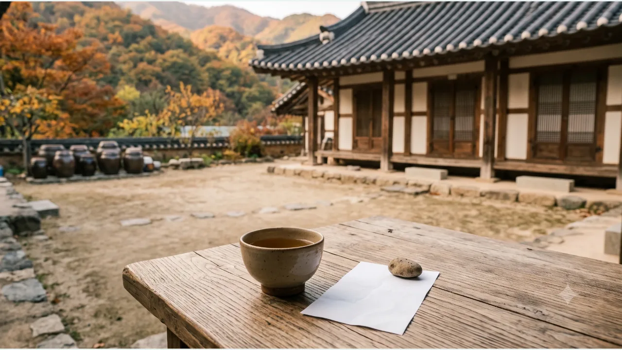 가을 산이 보이는 한옥 게스트하우스 마당, 나무 테이블 위 빈 영수증 종이와 찻잔