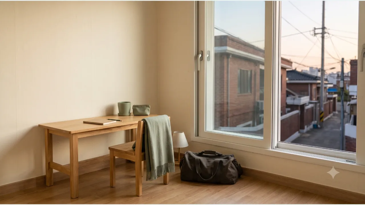 A blank notebook and pencil on an oak desk by a window, a travel bag on the floor, and an evening view