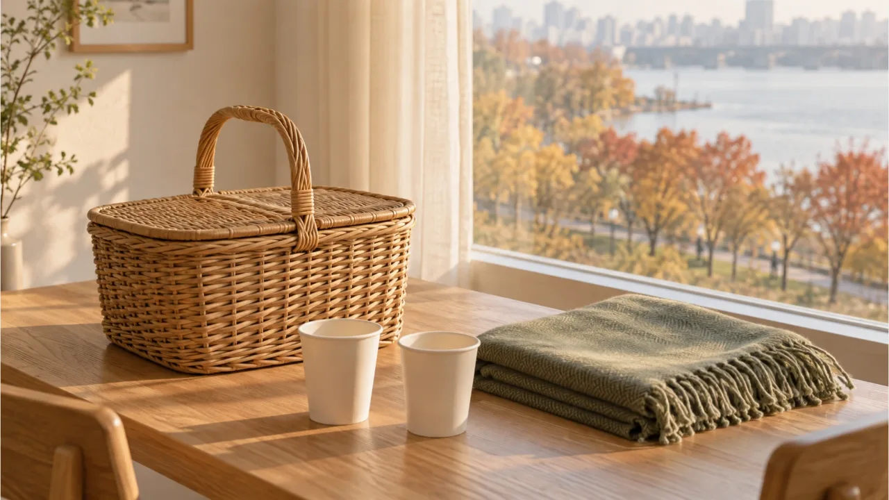 A plain picnic basket, a folded sage-colored blanket, and two paper cups on an oak table by a window, with autumn foliage and the river in view