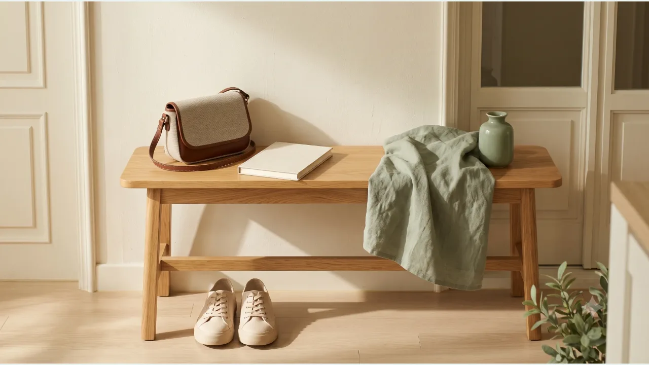 A small bag and a closed notebook on an oak bench in an entryway, with sage-colored fabric and walking sneakers on the floor