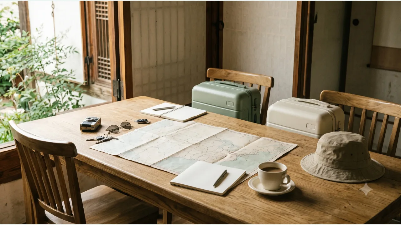 A plain map sheet, a small suitcase, a hat, and a coffee cup on an oak table