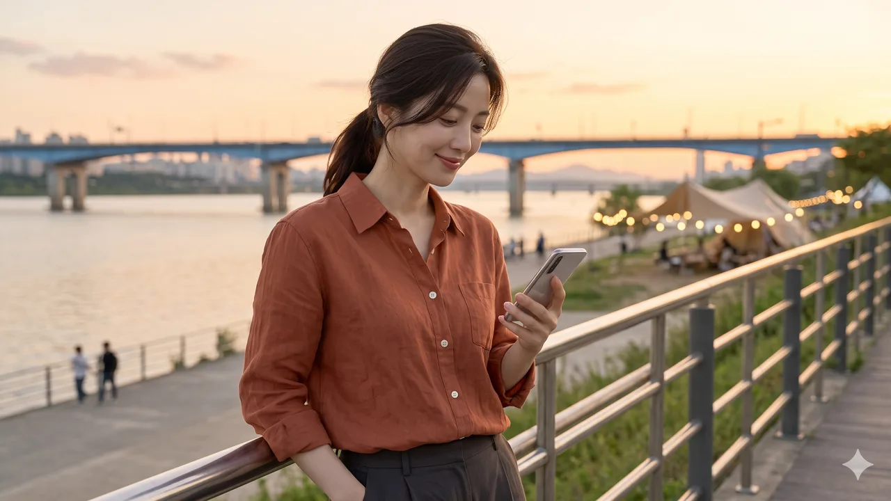 노을 지는 한강공원 난간에 기대 스마트폰으로 일정을 확인하는 테라코타색 셔츠 차림의 여성, 뒤로 한강 다리와 불 켜진 천막이 보여요