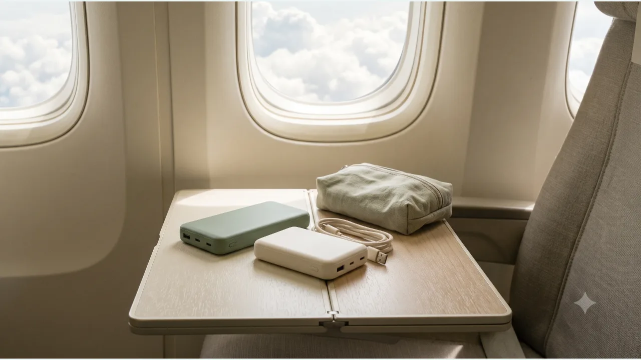 Two power banks, a charging cable, and a small pouch on a seat-side table by an airplane window