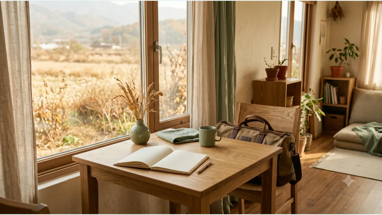 An oak table with a travel bag and a blank itinerary notebook, with blurry autumn fields outside the window