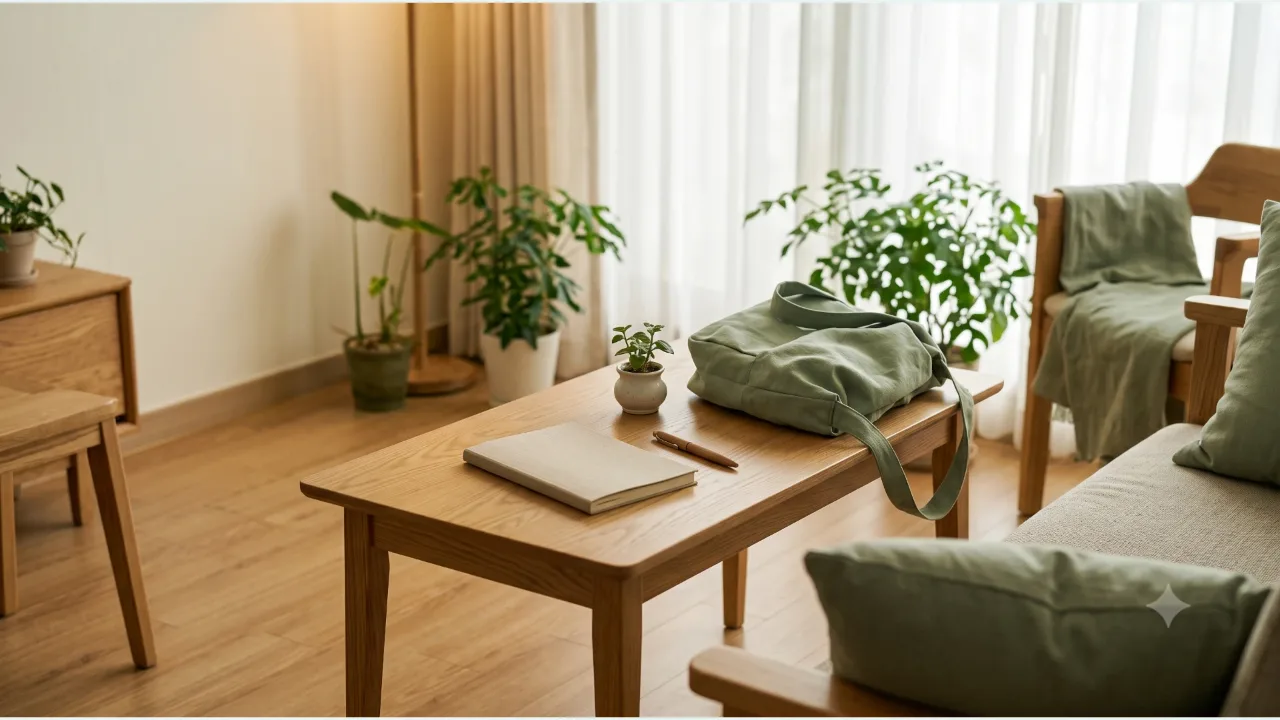 A closed walking notebook and a potted plant on an oak table in a small living room, with a sage-colored bag and curtains letting in natural light