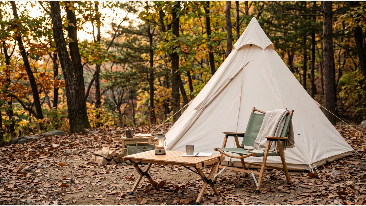 A plain tent, folding chairs, and a small lantern at a campsite in an autumn forest