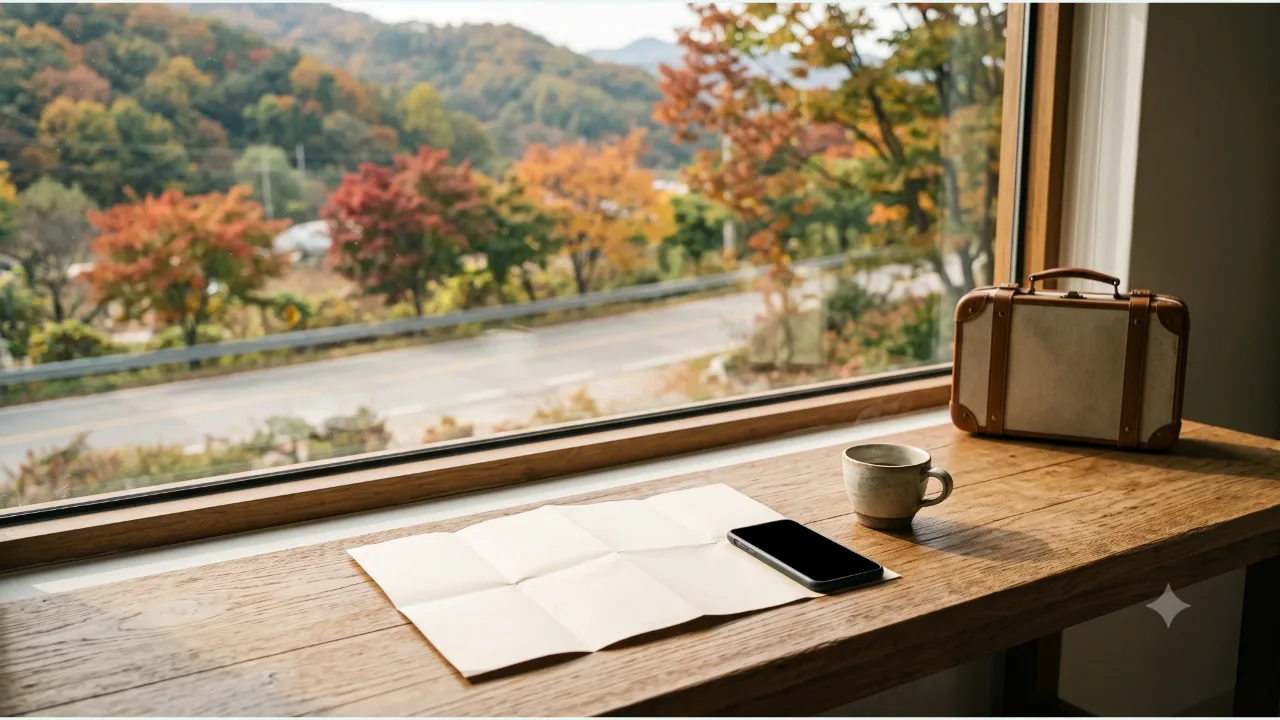 A small travel bag and a coffee cup on a wooden table by a window, with autumn-colored mountains and a quiet country road outside