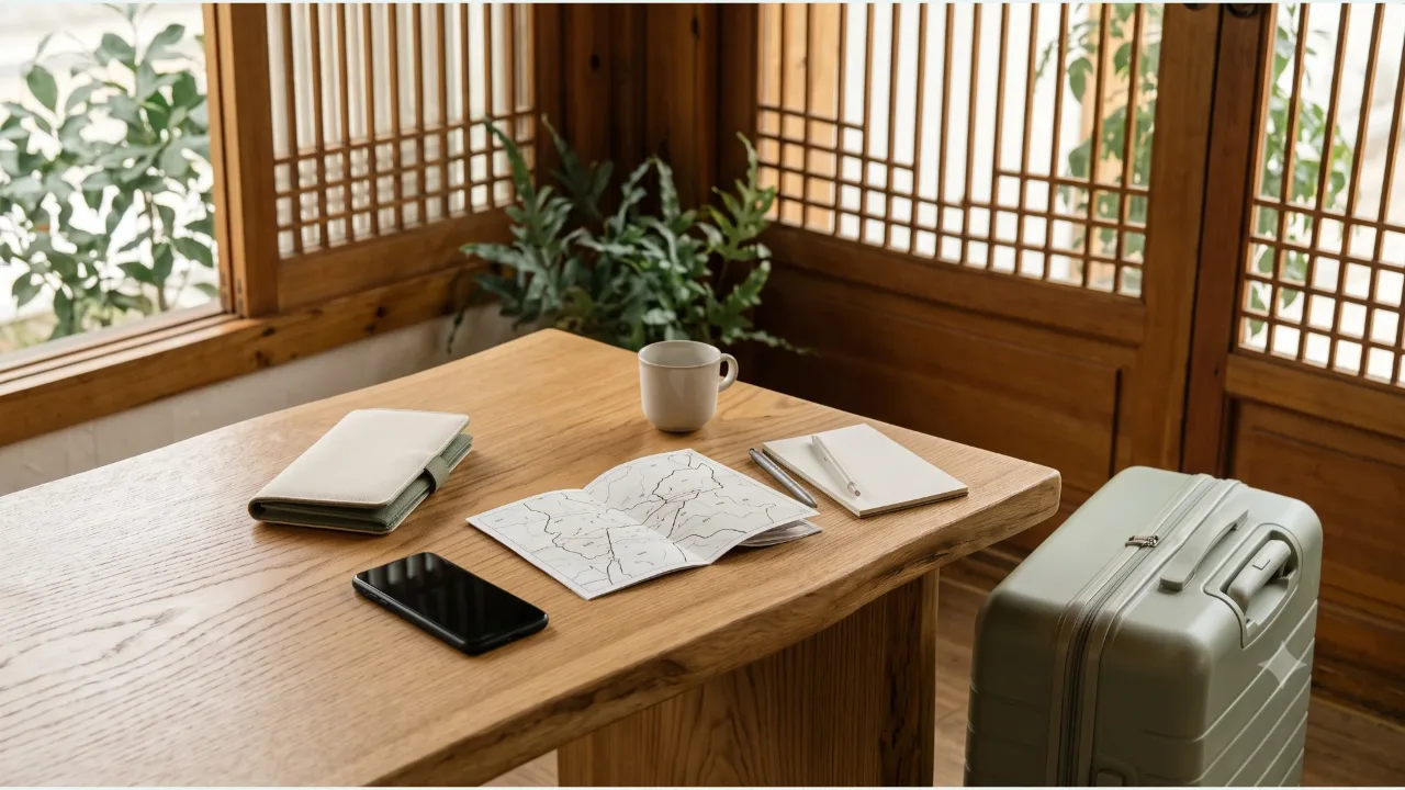 A passport holder, a switched-off smartphone, a map, and a suitcase on an oak table by a hanok window
